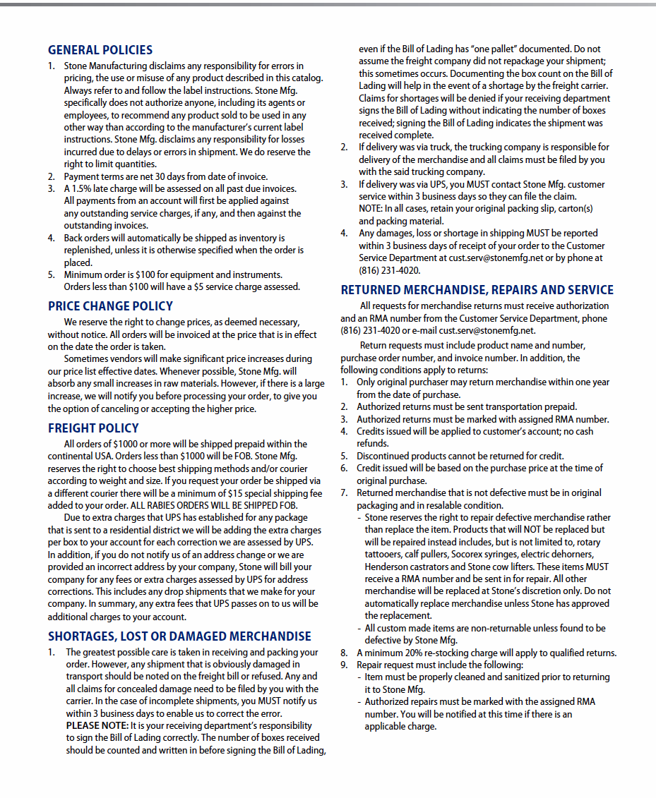 Terms & Conditions for Horse Fly Boots to prevent Fly-Bite Protection for Horses by Stone Manufacturing & Supply Company Kansas City Missouri